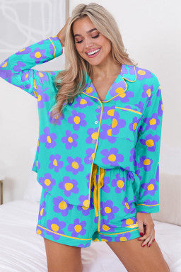 Flower Print Long Sleeve Shirt Shorts Pajamas Set