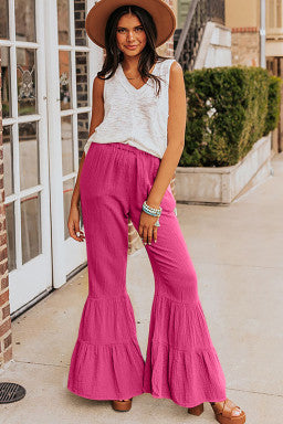 Textured High Waist Ruffled Bell Bottom Pants